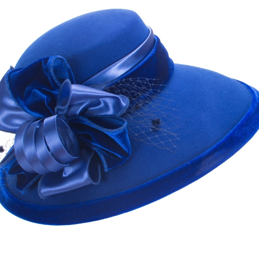 Lowliet Elegant Royal Blue Wool Women's Dress Hat with Satin Bow NEW